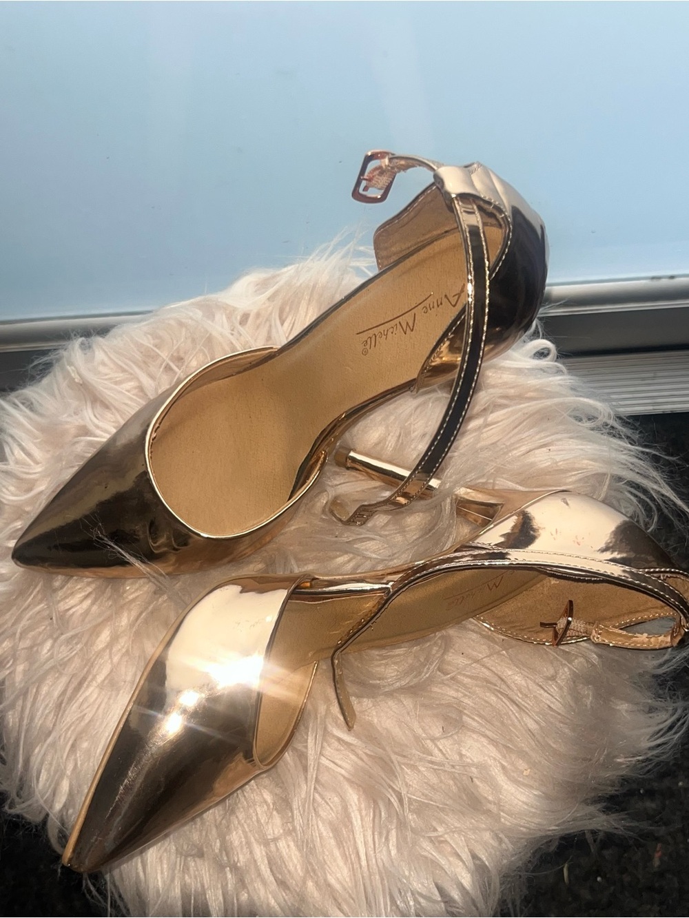 Anne Michelle Rose Gold Pointed Toe Ankle Strap Heels